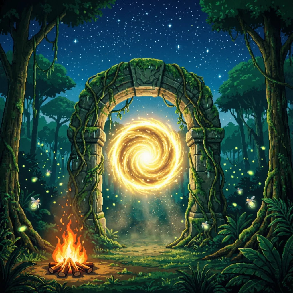 Um portal dourado entre árvores de uma floresta em pixel art